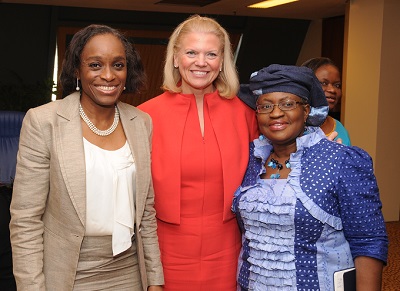 L-r: Mrs Omobola Johnson,  Minister of Communication Technology; Ginni Rometty, IBM Chairman and CEO; and Dr. Ngozi Okonjo-Iweala, Minister of Finance and Coordinating Minister for the Economy,  at a Ministerial Roundtable organized by the Ministry of Communication Technology to promote exchange of ideas with a view to identifying technology adoption opportunities between senior government officials and IBM officials in Abuja